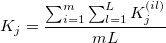 K_j=\frac{\sum_{i=1}^m\sum_{l=1}^LK_j^{(il)}}{mL} K_j=\frac{\sum_{i=1}^m\sum_{l=1}^LK_j^{(il)}}{mL}