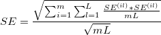 SE=\frac{\sqrt{\sum_{i=1}^m\sum_{l=1}^L\frac{SE^{(il)}*SE^{(il)}}{mL}}}{\sqrt{mL}} SE=\frac{\sqrt{\sum_{i=1}^m\sum_{l=1}^L\frac{SE^{(il)}*SE^{(il)}}{mL}}}{\sqrt{mL}}