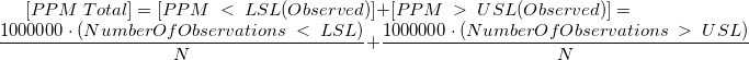 [PPM\;Total]=[PPM\;<\;LSL(Observed)]+[PPM\;>\;USL(Observed)] = \frac{1000000\cdot(NumberOfObservations\;<\;LSL)}{N}+\frac{1000000\cdot(NumberOfObservations\;>\;USL)}{N}