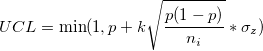 UCL=\min(1, p+k\sqrt{\frac{p(1-p)}{n_i}}*\sigma_z) UCL=\min(1, p+k\sqrt{\frac{p(1-p)}{n_i}}*\sigma_z)