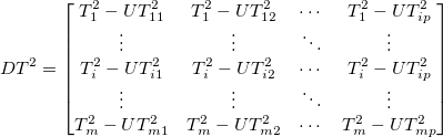 DT^2=\begin{bmatrix}
T_1^2-UT_{11}^2 &T_1^2-UT_{12}^2 &\cdots &T_1^2-UT_{ip}^2\\
\vdots &\vdots &\ddots &\vdots \\
T_i^2-UT_{i1}^2 &T_i^2-UT_{i2}^2 &\cdots &T_i^2-UT_{ip}^2\\
\vdots &\vdots &\ddots &\vdots \\
T_m^2-UT_{m1}^2 &T_m^2-UT_{m2}^2 &\cdots &T_m^2-UT_{mp}^2
\end{bmatrix}