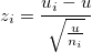 z_i=\frac{u_i-u}{\sqrt{\frac{u}{n_i}}} z_i=\frac{u_i-u}{\sqrt{\frac{u}{n_i}}}