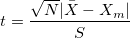 t = \frac{\sqrt{N}|\bar{X} - X_m|}{S} t = \frac{\sqrt{N}|\bar{X} - X_m|}{S}