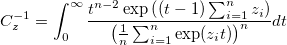 C_z^{-1}=\int_0^\infty\frac{t^{n-2}\exp\left((t-1)\sum_{i=1}^nz_i\right)}{\left(\frac{1}{n}\sum_{i=1}^n\exp(z_it)\right)^n}dt