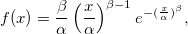 f(x) = \frac{\beta}{\alpha} \left(\frac{ x }{ \alpha }\right)^{\beta - 1} e^{ -(\frac{ x }{ \alpha })^\beta }, 