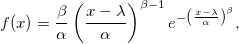 f(x) = \frac{\beta}{\alpha} \left(\frac{ x - \lambda }{ \alpha }\right)^{\beta - 1} e^{ -\left(\frac{ x - \lambda }{ \alpha }\right)^\beta }, 