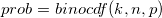 prob = binocdf(k, n, p)