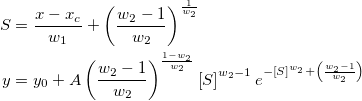 \begin{aligned}S&=\frac{x-x_c}{w_1}+\left( \frac{w_2-1}{w_2}\right) ^{\frac 1{w_2}}\\
y&=y_0+A\left( \frac{w_2-1}{w_2}\right) ^{\frac{1-w_2}{w_2}}\left[ S\right] ^{w_2-1}e^{-\left[ S\right] ^{w_2}+\left( \frac{w_2-1}{w_2}\right) }\end{aligned}
