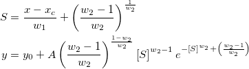 \begin{aligned}S&=\frac{x-x_c}{w_1}+\left( \frac{w_2-1}{w_2}\right) ^{\frac 1{w_2}}\\
y&=y_0+A\left( \frac{w_2-1}{w_2}\right) ^{\frac{1-w_2}{w_2}}\left[ S\right] ^{w_2-1}e^{-\left[ S\right] ^{w_2}+\left( \frac{w_2-1}{w_2}\right) }\end{aligned}