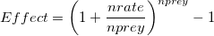 
Effect = {\left( {1 + \frac{{nrate}}{{nprey}}} \right)^{nprey}} - 1\
