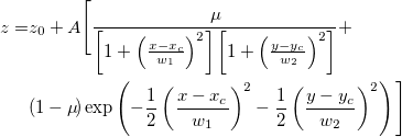 \begin{aligned}z=&z_0+A\Bigg[\frac{\mu\!}{\left[1+\left(\frac{x-x_c}{w_1}\right)^2\right]\left[1+\left(\frac{y-y_c}{w_2}\right)^2\right]}
+\\
&(1-\mu\!)\exp\left(-\frac{1}{2}\left(\frac{x-x_c}{w_1}\right)^2-\frac{1}{2}\left(\frac{y-y_c}{w_2}\right)^2\right)\Bigg]\end{aligned}