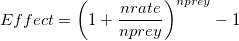  Effect = {\left( {1 + \frac{{nrate}}{{nprey}}} \right)^{nprey}} - 1\ 