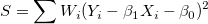 S=\sum W_i(Y_i - \beta_1 X_i- \beta_0)^2