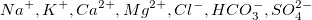Na^{+}, K^{+}, Ca^{2+}, Mg^{2+}, Cl^{-}, HCO_{3}^{-}, SO_{4}^{2-}