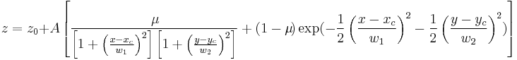 z=z_0+A\left[\frac{\mu\!}{\left[1+\left(\frac{x-x_c}{w_1}\right)^2\right]\left[1+\left(\frac{y-y_c}{w_2}\right)^2\right]}+(1-\mu\!)\exp(-\frac{1}{2}\left(\frac{x-x_c}{w_1}\right)^2-\frac{1}{2}\left(\frac{y-y_c}{w_2}\right)^2)\right]