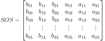 SOS = 
 \begin{bmatrix}
 b_{01} & b_{11} & b_{21} & a_{01} & a_{11} & a_{21} \\
 b_{02} & b_{12} & b_{22} & a_{02} & a_{12} & a_{22} \\
 b_{03} & b_{13} & b_{23} & a_{03} & a_{13} & a_{23} \\
 \vdots & \vdots & \vdots & \vdots & \vdots & \vdots \\
 b_{0L} & b_{1L} & b_{2L} & a_{0L} & a_{1L} & a_{2L} \\
 \end{bmatrix}
 