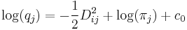 \mathrm{log}(q_j)=-\frac{1}{2}D_{ij}^2+\mathrm{log}(\pi_j)+c_0