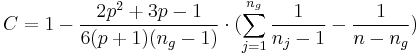 C=1-\frac{2p^2+3p-1}{6(p+1)(n_g-1)}\cdot(\sum_{j=1}^{n_g} \frac{1}{n_j-1} -\frac{1}{n-n_g})