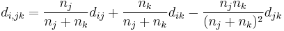 d_{i,jk}=\frac{n_j}{n_j+n_k}d_{ij}+\frac{n_k}{n_j+n_k}d_{ik}-\frac{n_jn_k}{(n_j+n_k)^2}d_{jk}\ 