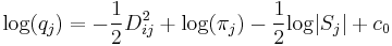 \mathrm{log}(q_j)=-\frac{1}{2}D_{ij}^2+\mathrm{log}(\pi_j)-\frac{1}{2}\mathrm{log}|S_j|+c_0