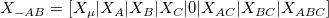 X_{-AB} = [X_\mu |X_A |X_B |X_C |0 |X_{AC} |X_{BC} |X_{ABC}]