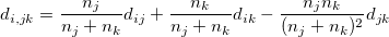 d_{i,jk}=\frac{n_j}{n_j+n_k}d_{ij}+\frac{n_k}{n_j+n_k}d_{ik}-\frac{n_jn_k}{(n_j+n_k)^2}d_{jk}\ 