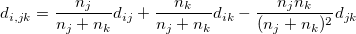 d_{i,jk}=\frac{n_j}{n_j+n_k}d_{ij}+\frac{n_k}{n_j+n_k}d_{ik}-\frac{n_jn_k}{(n_j+n_k)^2}d_{jk}\ 