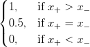
\begin{cases} 
  1,  & \mbox{if }x_{+}>x_{-} \\
  0.5, & \mbox{if }x_{+}=x_{-} \\
  0, & \mbox{if }x_{+}<x_{-} 
\end{cases}
