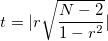 
t = |r\sqrt{\frac{N-2}{1-r^2}}|
