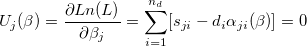 U_j(\beta )=\frac{\partial Ln(L)}{\partial \beta _j}=\sum_{i=1}^{n_d}[s_{ji}-d_i\alpha _{ji}(\beta )]=0