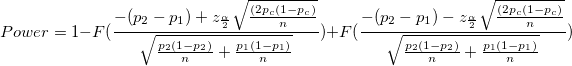 Power =1-F(\frac{-(p_2-p_1)+z_{\frac{\alpha}{2} }\sqrt{\frac{(2p_c(1-p_c)}{n} }}{\sqrt{\frac{p_2(1-p_2)}{n}+\frac{p_1(1-p_1)}{n}}})+F(\frac{-(p_2-p_1)-z_{\frac{\alpha}{2}}\sqrt{\frac{(2p_c(1-p_c)}{n} }}{\sqrt{\frac{p_2(1-p_2)}{n}+\frac{p_1(1-p_1)}{n}}})