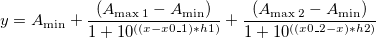 y=A_{\min }+\frac{(A_{\max 1}-A_{\min })}{1+10^{((x-x0\_1)*h1)}}+\frac{(A_{\max 2}-A_{\min })}{1+10^{((x0\_2-x)*h2)}}