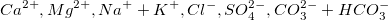 Ca^{2+}, Mg^{2+}, Na^{+}+K^{+}, Cl^{-}, SO_{4}^{2-}, CO_{3}^{2-}+HCO_{3}^{-}