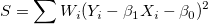 S=\sum W_i(Y_i - \beta_1 X_i- \beta_0)^2