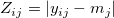 Z_{ij}=|y_{ij}-m_j|\,\! Z_{ij}=|y_{ij}-m_j|\,\!