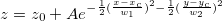 z = z_0 + A e^{-\frac{1}{2}(\frac{x-x_c}{w_1})^2-\frac{1}{2}(\frac{y-y_c}{w_2})^2} z = z_0 + A e^{-\frac{1}{2}(\frac{x-x_c}{w_1})^2-\frac{1}{2}(\frac{y-y_c}{w_2})^2}
