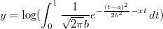 y=\log (\int_{0}^{1} \frac{1}{\sqrt{2\pi}b}e^{-\frac{(t-a)^2}{2b^2}-xt}\, dt) y=\log (\int_{0}^{1} \frac{1}{\sqrt{2\pi}b}e^{-\frac{(t-a)^2}{2b^2}-xt}\, dt)