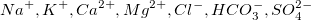 Na^{+}, K^{+}, Ca^{2+}, Mg^{2+},  Cl^{-}, HCO_{3}^{-},  SO_{4}^{2-}