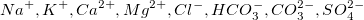 Na^{+}, K^{+}, Ca^{2+}, Mg^{2+}, Cl^{-}, HCO_{3}^{-}, CO_{3}^{2-} , SO_{4}^{2-} Na^{+}, K^{+}, Ca^{2+}, Mg^{2+}, Cl^{-}, HCO_{3}^{-}, CO_{3}^{2-} , SO_{4}^{2-}