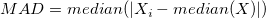 MAD = Median(|{X_i} - Median(X)|)\, MAD = Median(|{X_i} - Median(X)|)\,