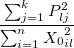 \frac{ \sum_{j=1}^{k} P_{lj} }{ \sum_{i=1}^{n} {X_0}_{il} }