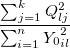 \frac{ \sum_{j=1}^{k} Q_{lj} }{ \sum_{i=1}^{n} {Y_0}_{il} }
