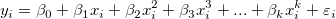  y_i=\beta _0+\beta _1x_i+\beta_2x_i^2+\beta_3x_i^3+...+\beta_kx_i^k+\varepsilon_i 