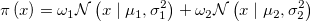 \pi \left(x \right ) = \omega_{1}\mathcal{N}\left(x\mid \mu_{1}, \sigma_{1}^{2} \right ) + \omega_{2}\mathcal{N}\left(x\mid \mu_{2}, \sigma_{2}^{2}  \right )