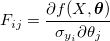 F_{ij}=\frac{\partial f(X, \boldsymbol{\theta})}{\sigma _{y_i}\partial \theta _j} F_{ij}=\frac{\partial f(X, \boldsymbol{\theta})}{\sigma _{y_i}\partial \theta _j}