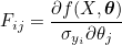 F_{ij}=\frac{\partial f(X, \boldsymbol{\theta})}{\sigma _{y_i}\partial \theta _j}