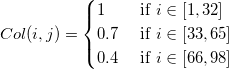 Col(i,j)=\begin{cases} 1 & \text{ if } i\in [1,32] \\  0.7 & \text{ if } i\in [33,65] \\  0.4& \text{ if } i\in [66,98] \\ \end{cases}