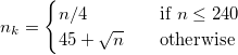 n_k = \begin{cases} n/4 \quad &\text{if } n \le 240 \\ 45 + \sqrt{n} \quad &\text{otherwise}\end{cases} n_k = \begin{cases} n/4 \quad &\text{if } n \le 240 \\ 45 + \sqrt{n} \quad &\text{otherwise}\end{cases}