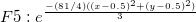 F5: e^{\frac{-(81/4)((x-0.5)^2+(y-0.5)^2)}{3}}