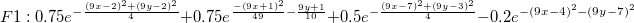 F1: 0.75e^{-\frac{(9x-2)^2+(9y-2)^2}{4}}+0.75e^{\frac{-(9x+1)^2}{49}-\frac{9y+1}{10}}+0.5e^{-\frac{(9x-7)^2+(9y-3)^2}{4}}-0.2e^{-(9x-4)^2-(9y-7)^2}
